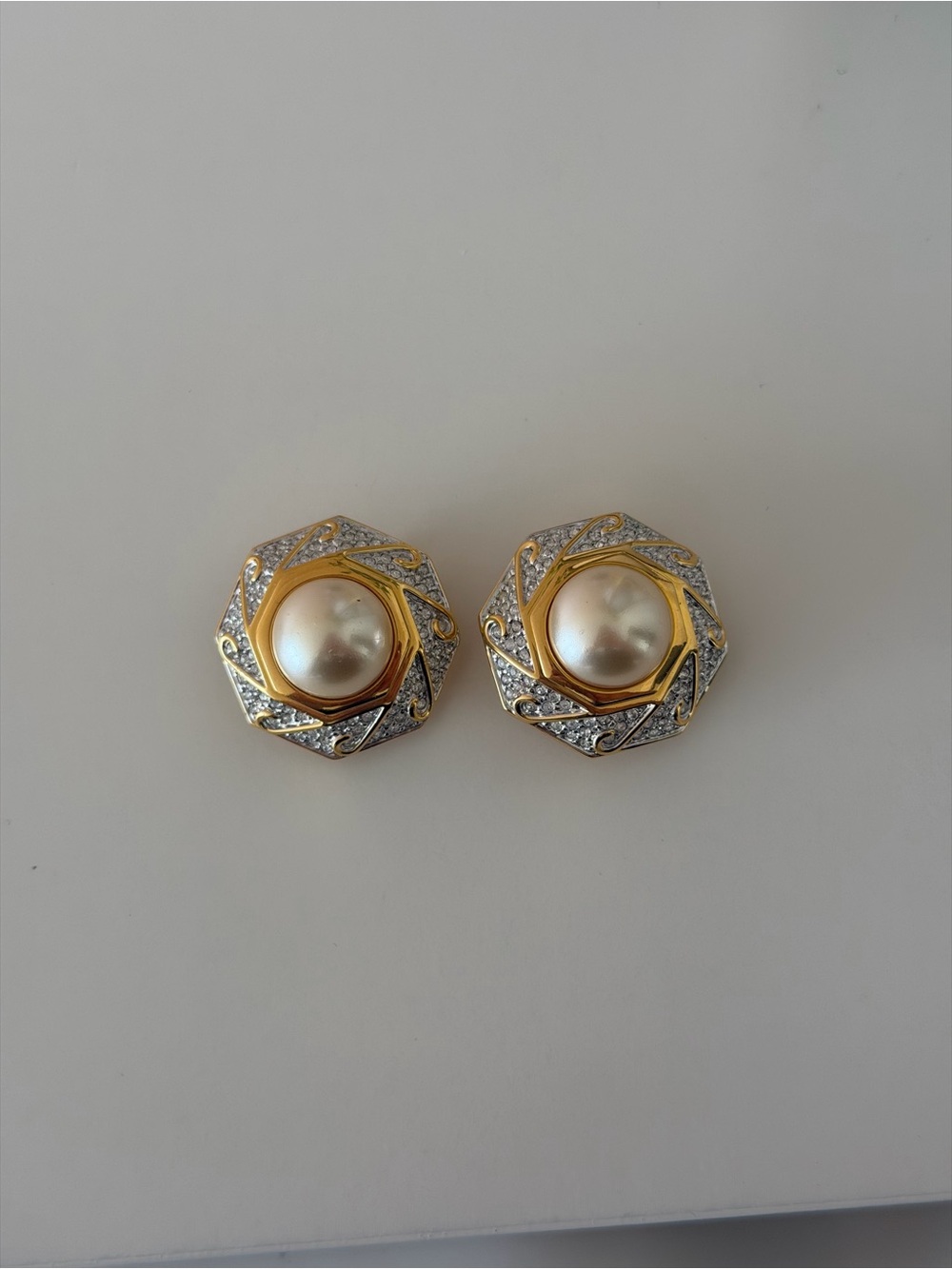 Vintage Swarovski Crystal & Faux Pearl Octagon Clip-On Earrings - Gold Tone